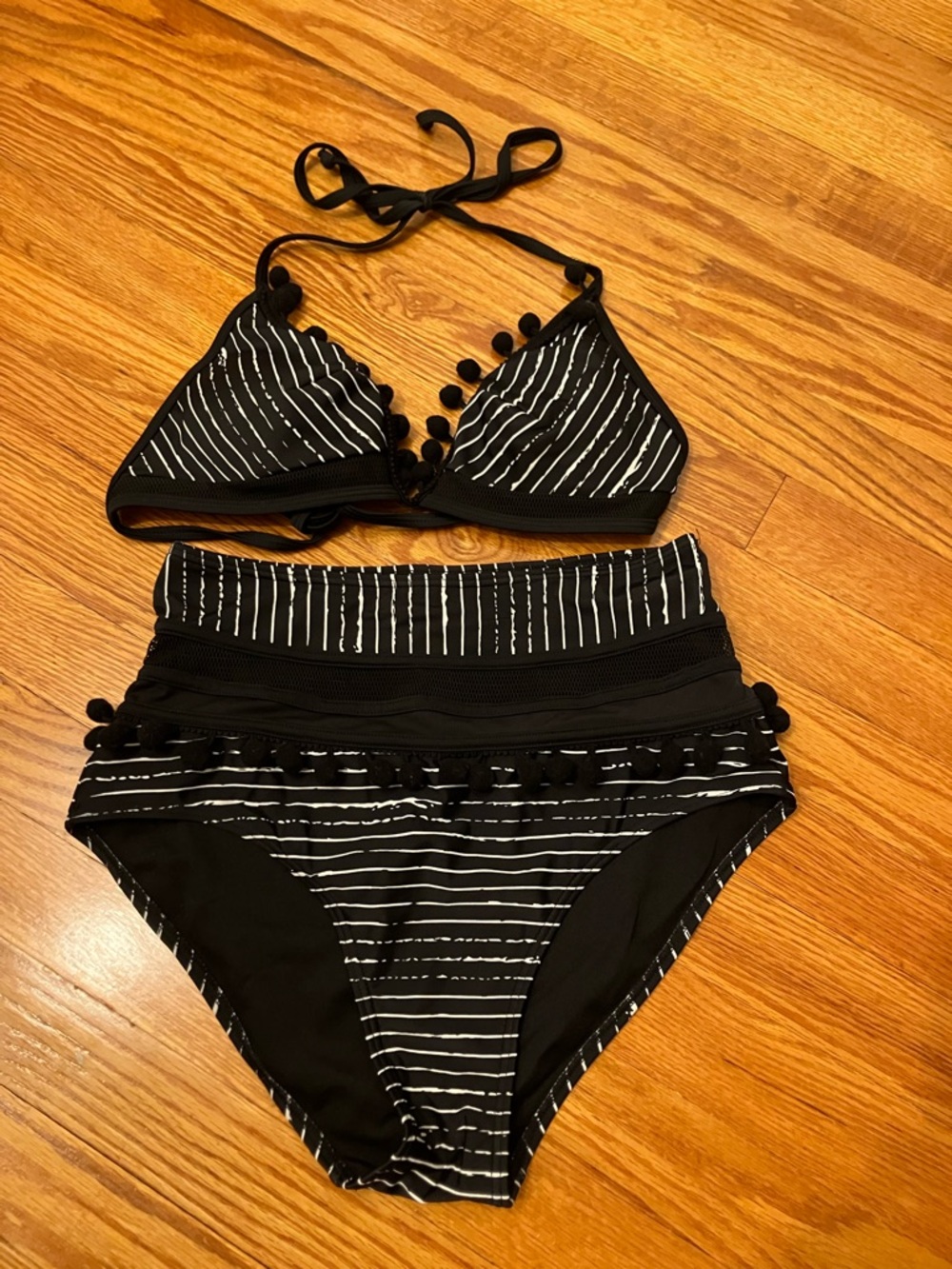 COCOSHIP Black & White Striped Pom-Pom Bikini Set